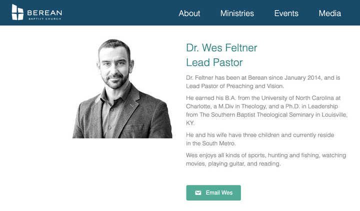 Wes Feltner is listed as a pastor at Berean Baptist Church on its website on Nov. 9, 2019.