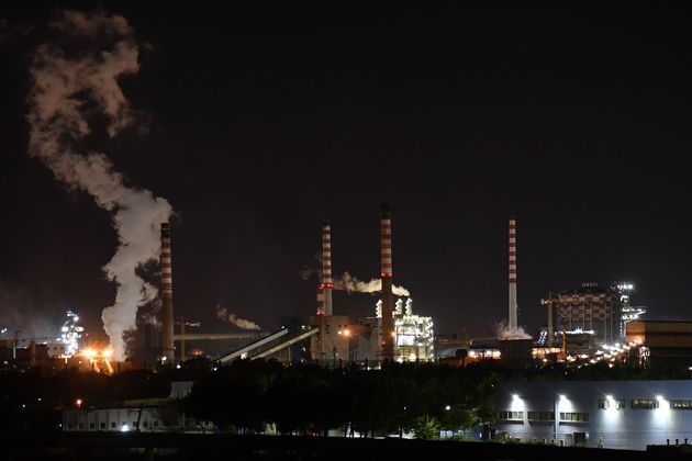 A general view taken late on November 7, 2019 shows the steel manufacturing giant Arcelor Mittal Italia...
