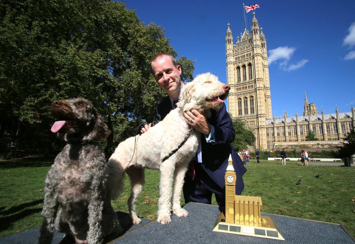 Jonathan Reynolds MP, with Labradoodles Clinton (right) and Kennedy is announced as the winners of the 24th Westminster Dog of the Year competition.