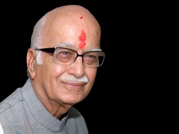Lal Krishna Advani headshot, as Bharatiya Janata Party Prime Ministerial nominee, India, graphic element on black.