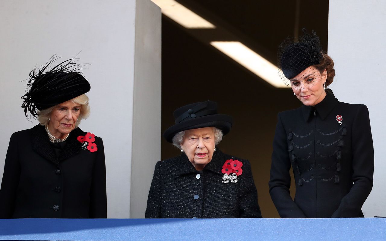 Camilla, Duchess of Cornwall, Queen Elizabeth II and Catherine, Duchess of Cambridge attend the annual Remembrance Sunday memorial at The Cenotaph.