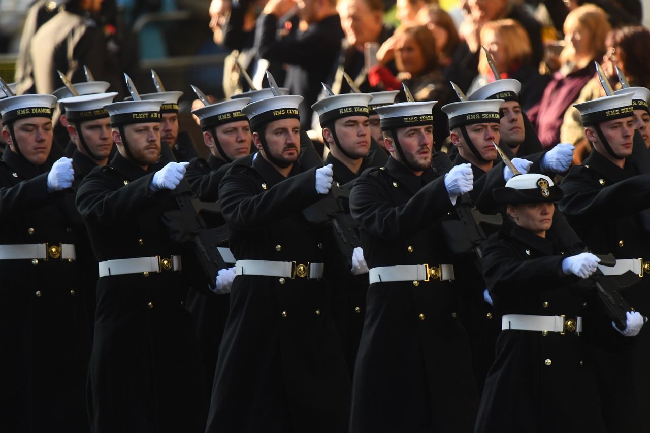Members of the armed forces during the Remembrance Sunday service at the Cenotaph memorial in Whitehall, central London. (Photo by Victoria Jones/PA Images via Getty Images)