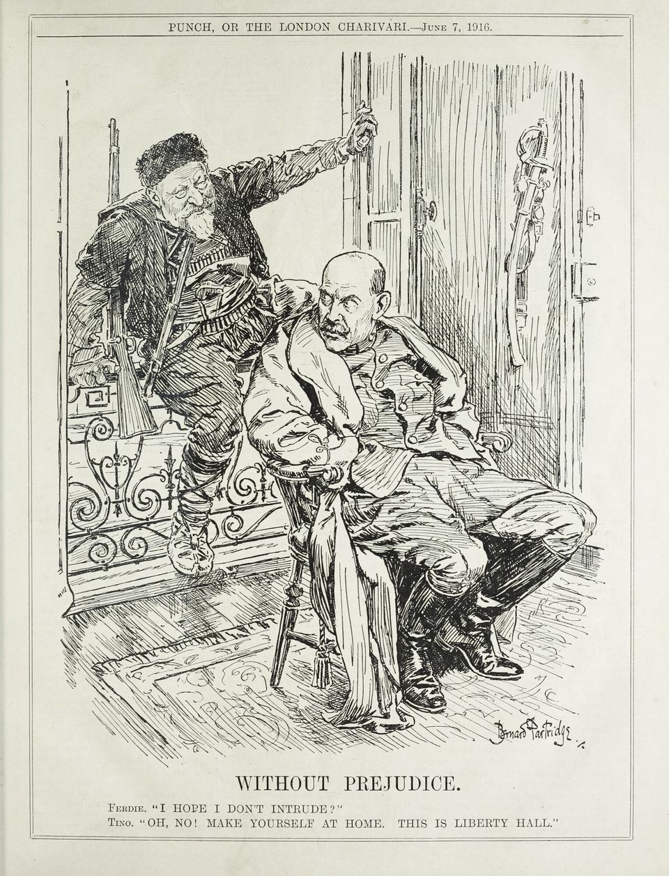 Σατυρικό καρτούν 7 Ιουνίου 1916 μετά την εισβολή των βουλγαρικών δυνάμεων στην Ανατολική Μακεδονία. Ο Βασιλιάς Κωνσταντίνος βλέπει τον Βούλγαρο ομόλογό του να μπαίνει από το παράθυρο χωρίς να αντιδρά.