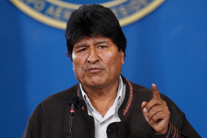 Bolivia's President Evo Morales speaks during a press conference at the military airport in El Alto, Bolivia, Saturday, Nov. 