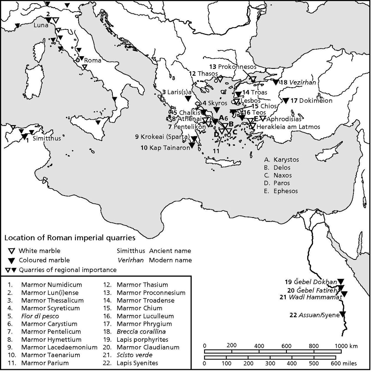 Χάρτης 1. Χάρτης της κεντρικής και ανατολικής Μεσογείου με τις βασικότερες λατομικές θέσεις προμήθειας λευκών και εγχρώμων μαρμάρων και λίθων κατά την Ρωμαϊκή Περίοδο. 