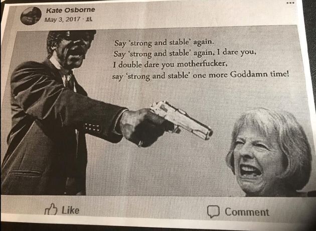 The image Kate Osborne shared on <a href='/hashtag/Facebook'>Facebook</a> during the 2017 election campaign, which recently emerged, sparked a complaint by almost 40 female candidates. 