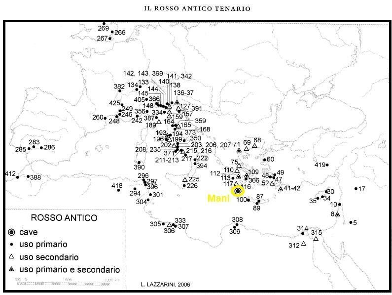 Xάρτης 2. Χάρτης Παραγωγής και διακίνησης του Rosso antico. Πρωτογενής και Δευτερογενής Χρήση (L. Lazzarini, Poikiloi lithoi, versiculores maculae i marmi colorati della Grecia antica, 2007). 