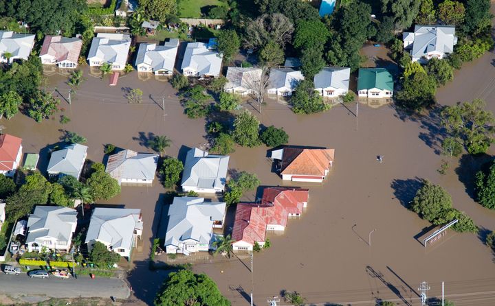 A photo of a flooded neighbourhood in Brisbane, Australia, from 2011.