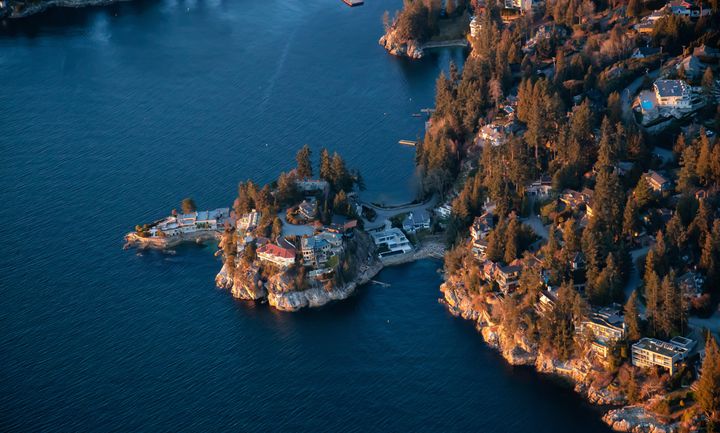 An aerial view of luxury homes in Horseshoe Bay, West Vancouver, B.C.
