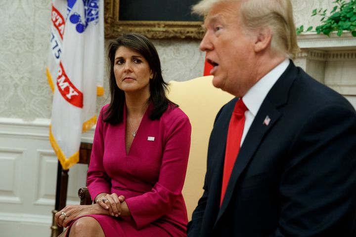 President Donald Trump speaks during a meeting with outgoing U.S. Ambassador to the United Nations Nikki Haley in the Oval Office on Tuesday, Oct. 9, 2018.