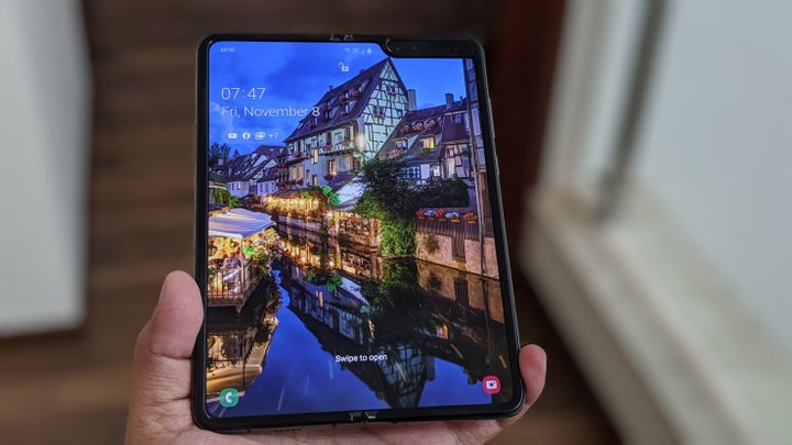 The Samsung Galaxy Fold opened up in tablet mode.