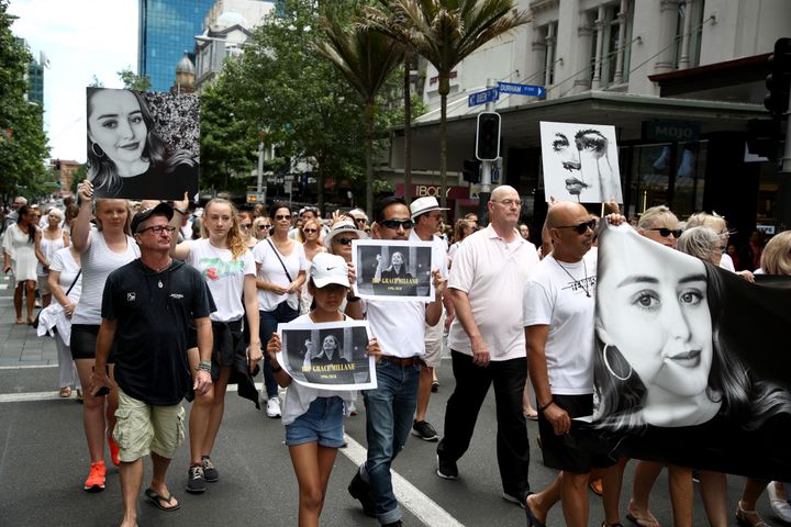 Auckland residents march during vigil in memory of murdered British backpacker Grace Millane. 