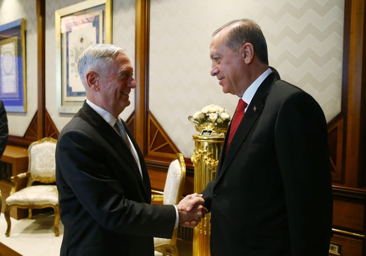 Former Defense Secretary Jim Mattis (left), shown here greeting Turkey President Recep Tayyip Erdogan, was one of the dwindling number of traditionalists inside the U.S. foreign policy apparatus who consistently defended the alliance with Turkey.