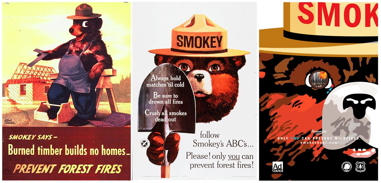 Smokey Bear is pictured in a series of U.S. Forest Service posters (from left: 1945, 1966 and 2007).