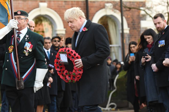 Prime Minister Boris Johnson lays a wreath during a service at the cenotaph in St Peter's Square, Wolverhampton, to mark Armistice Day, the anniversary of the end of the First World War.