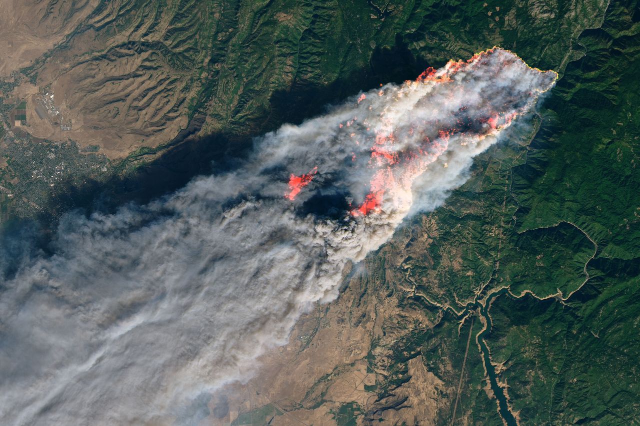 NASA's Operational Land Imager satellite image shows the Camp Fire burning near Paradise, California, on Nov. 8, 2018.