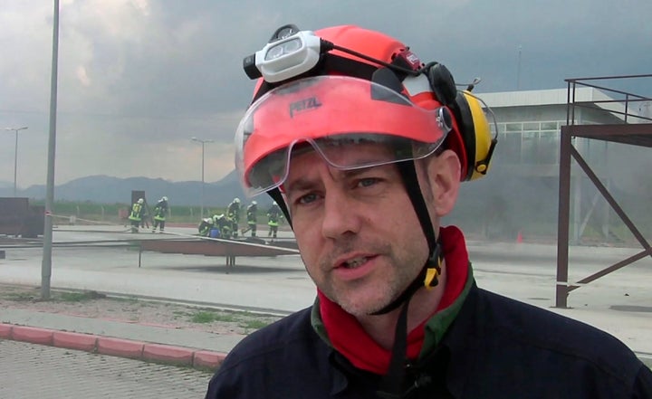 In this image taken from file video, showing James Le Mesurier, founder and director of Mayday Rescue, talks to the media dur