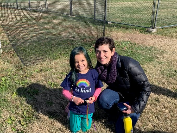 Takoma Park Mayor Kate Stewart and Kiyoko Merolli, who was celebrating her seventh birthday.