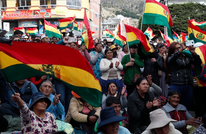 Protesters opposing the reelection of Bolivian President Evo Morales attend a rally with coca leaf growers in La Paz, Bolivia, on Nov. 7, 2019. 