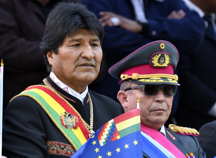 Bolivian President Evo Morales resigned on November 10, 2019, after three weeks of sometimes-violent protests. The commander-in-chief of the armed forces, Williams Kaliman (pictured at right), asked Morales "to resign his presidential mandate to allow for pacification and the maintaining of stability, for the good of our Bolivia." 