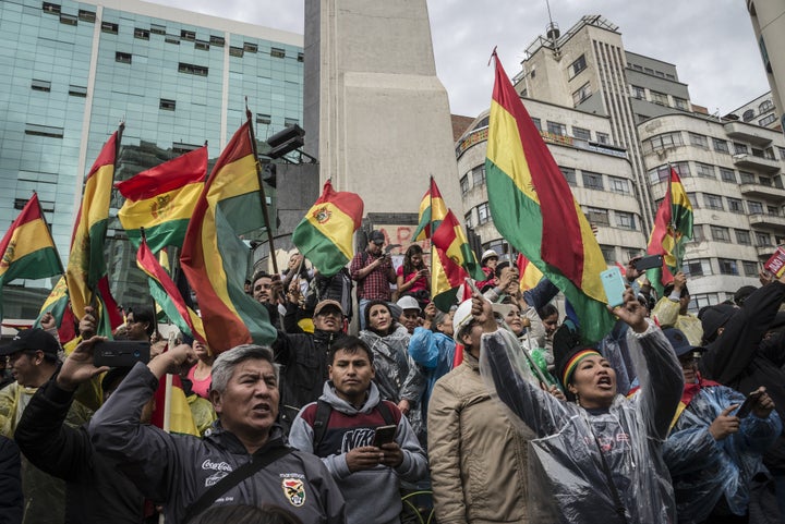 Thousands of people from the opposition celebrate after President of Bolivia Evo Morales announced his resignation in La Paz on Nov. 10, 2019. 