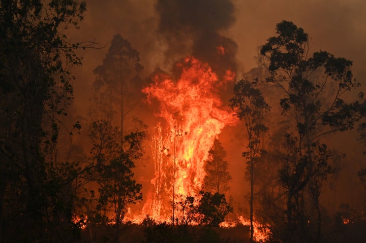 A fire rages in Bobin, north of Sydney, on Friday.