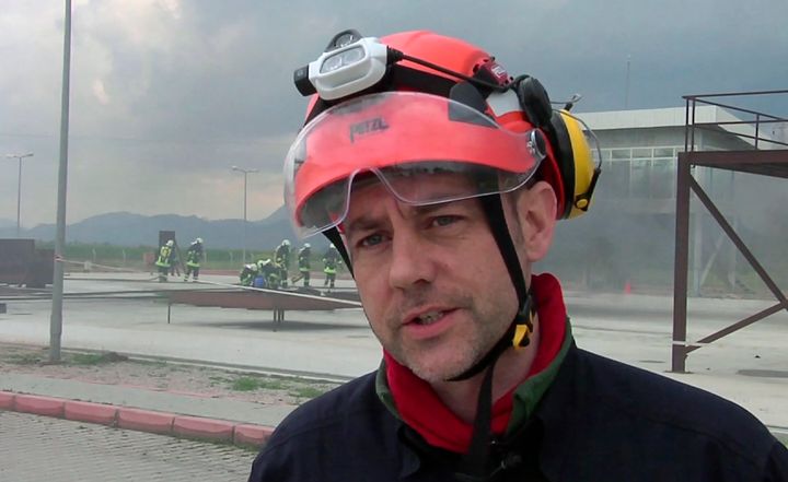 James Le Mesurier, founder and director of Mayday Rescue, talks to the media during training exercises in southern Turkey, March 19, 2015. 