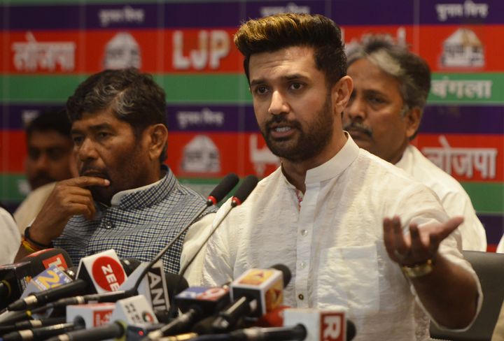 Lok Janshakti Party leader Chirag Paswan addresses a press conference in New Delhi on 18 March. 