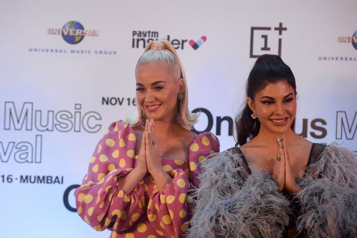 Katy Perry with Jacqueline Fernandez at a press conference in Mumbai on 12 November.