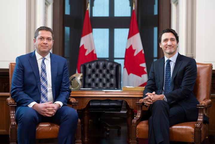 Prime Minister Justin Trudeau meets with Conservative Leader Andrew Scheer in his office on Parliament Hill in Ottawa on Nov. 12, 2019.
