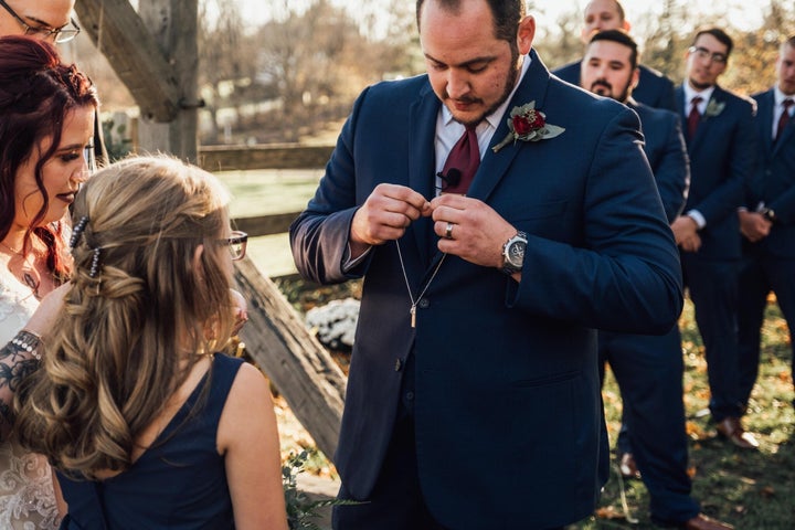 Jimmy presented Olivia with a keepsake necklace from Sarah Cornwell Jewelry. 