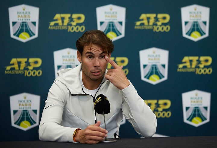 Nadal speaks at a press conference after withdrawing injured from his men's semifinal match against Denis Shapovalov at the R