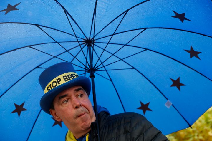 Anti-Brexiteer Steve Bray looks out from underneath his umbrella outside the Houses of Parliament.