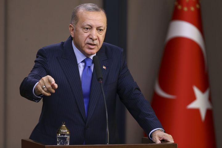 Turkish President Recep Tayyip Erdogan makes a speech during a press conference in Ankara, Turkey, Nov. 12, 2019.