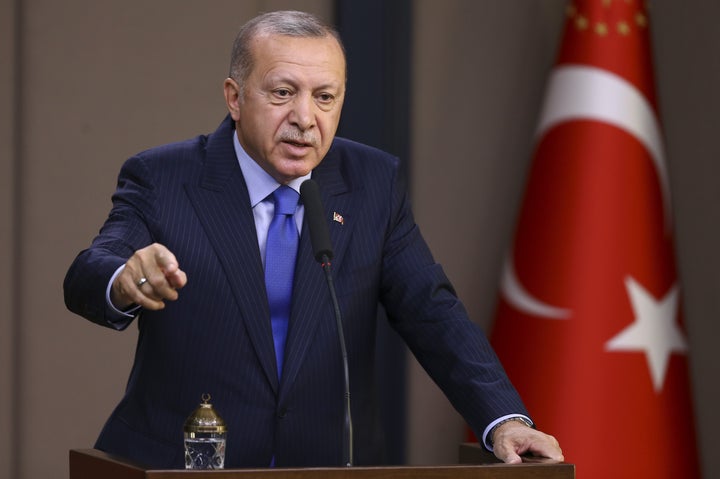 Turkish President Recep Tayyip Erdogan makes a speech during a press conference in Ankara, Turkey, Nov. 12, 2019.