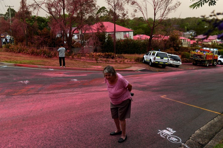 A resident walks infront of South Turramurra homes which were bombed by fire-retardant during NSW RFS firefighting efforts in Sydney. 