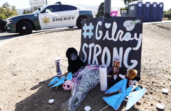 A makeshift memorial outside the site of the Gilroy Garlic Festival, where a shooter killed three people and injured at least a dozen others.