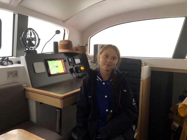 Greta Thunberg, a 16-year-old climate activist from Sweden, aboard a catamaran docked in Hampton, Virginia, on Tuesday.