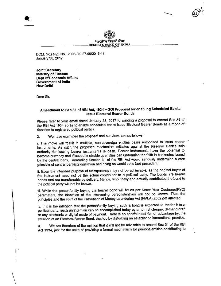 The Reserve Bank of India's detailed objection to the government's proposal on electoral bonds. This document was obtained by transparency activist Commodore Lokesh Batra (Retd) under the Right to Information Act.
