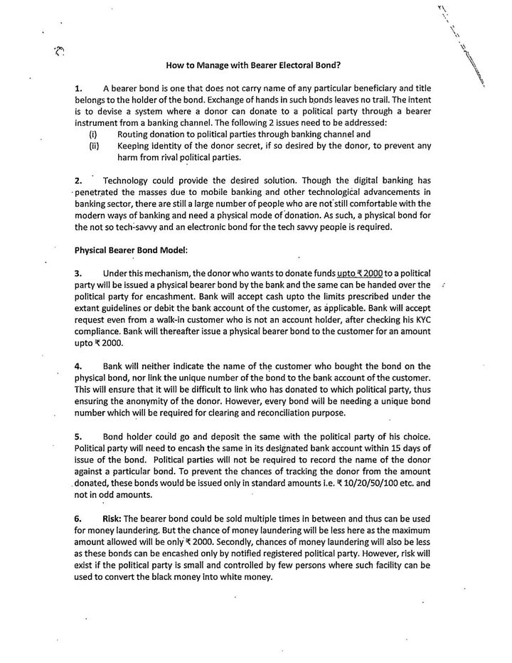 An early concept note on electoral bonds obtained under the RTI Act. The note bears no date, signature, or letterhead, unusual for a government document, suggesting it was probably drafted by someone outside the government.