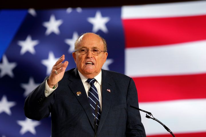 Rudy Giuliani, former Mayor of New York City, speaks at an event in Ashraf-3 camp, which is a base for the People's Mojahedin Organization of Iran (MEK) in Manza, Albania, July 13, 2019.