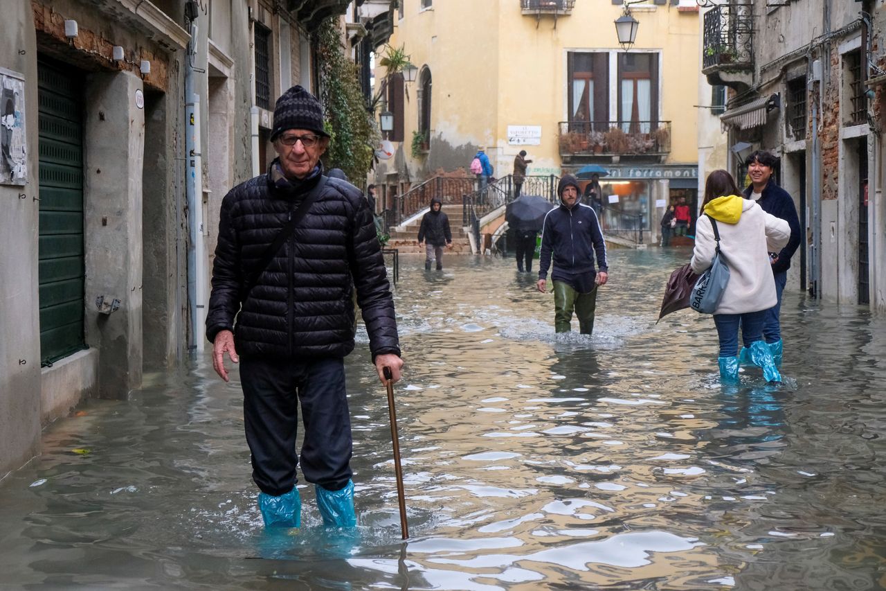 People moving around Venice during the flooding 