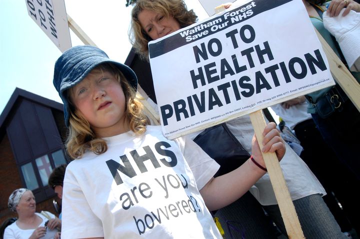 A "no to health privatisation" sign in a protest in 2006 at Whipps Cross hospital in London.