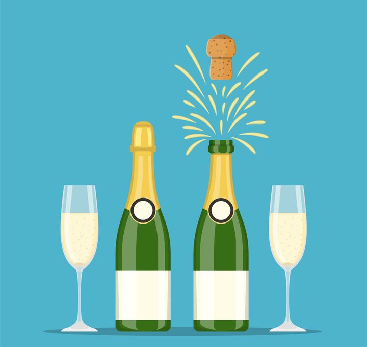 Champagne bottles and glasses icon set. Closed and opening bottle, and two flutes filled with sparkling wine. Vector illustration flat style