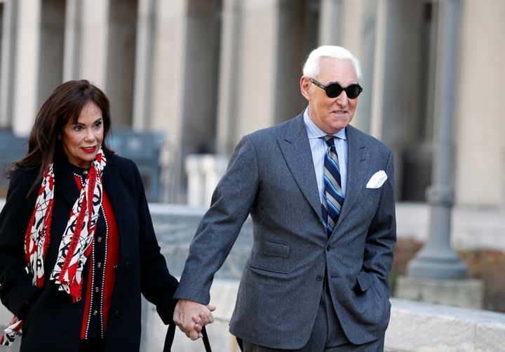 Roger Stone, former campaign adviser to US President Donald Trump, arrives with his wife Nydia for the continuation of his criminal trial on charges of lying to Congress, obstructing justice and witness tampering at US District Court in Washington, DC.