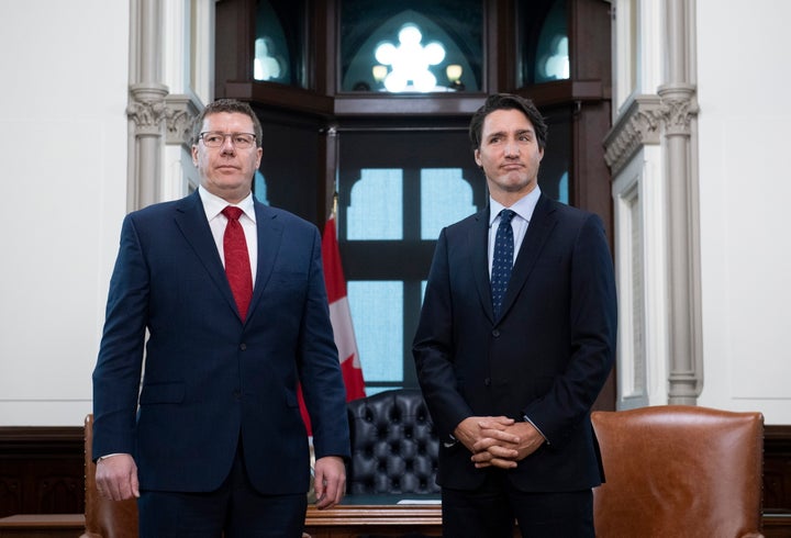 Prime Minister Justin Trudeau meets with Premier of Saskatchewan Scott Moe in his office on Parliament Hill in Ottawa on Nov. 12, 2019.