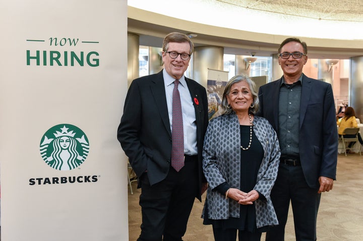 Toronto Mayor John Tory, Independent Sen. Ratna Omidvar and Darrell Pinto attend a refugee hiring event on Oct. 31.