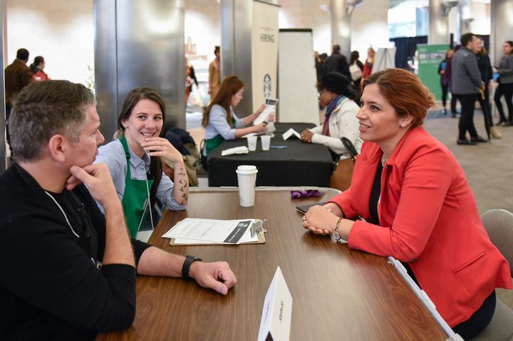 Starbucks Canada interviews a candidate at a refugee hiring event in Toronto on Oct. 31.