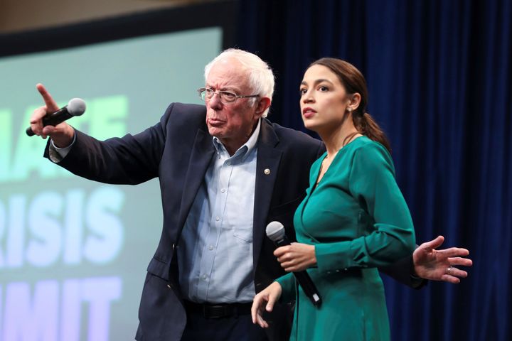 Rep. Alexandria Ocasio-Cortez (D-N.Y.) campaigned with Democratic presidential candidate Bernie Sanders in Iowa, where the progressive hard-liner is focusing his presidential bid on a populist response to the climate crisis.