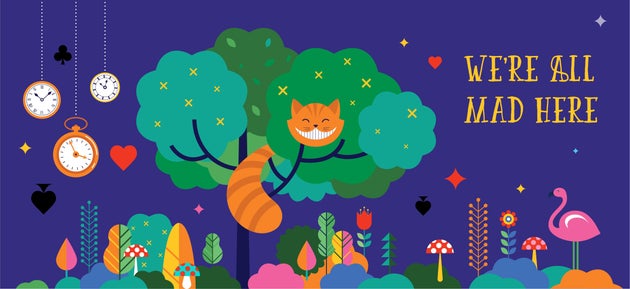 Alice in Wonderland banner, poster and card. We are mad here. Colorful vector background